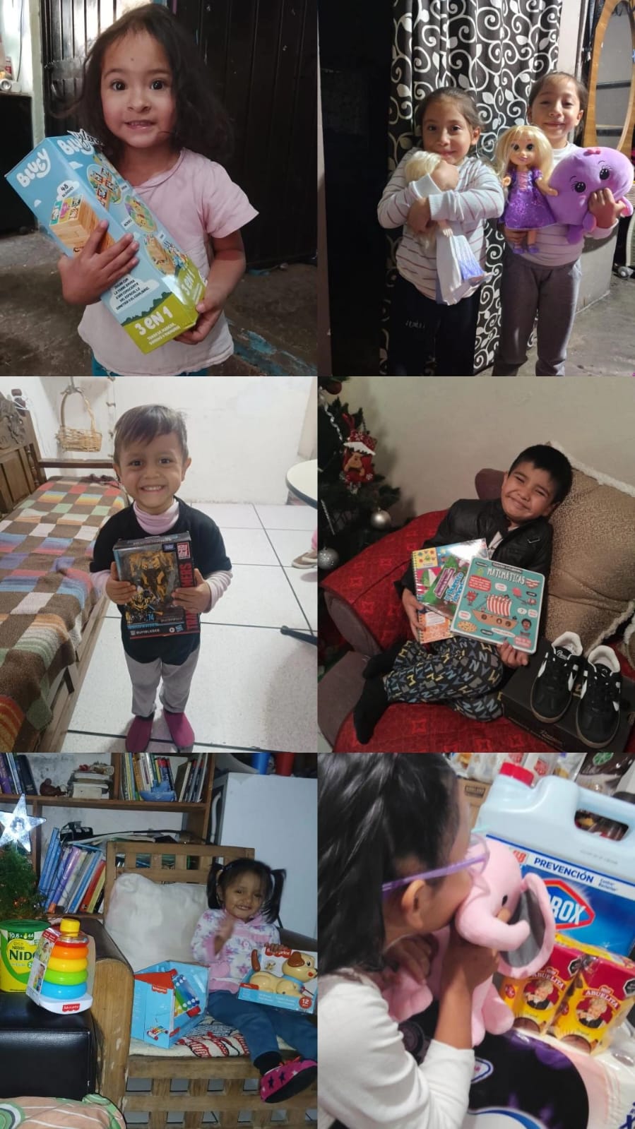 Niños recibiendo juguetes en Navidad